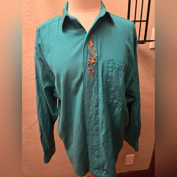 Vintage Gap Silk Blend Embroidered Button Up Shirt Teal - Picture 7 of 11